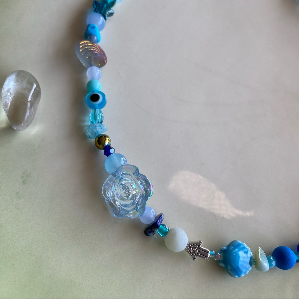 Ethereal Realms Blue Tone Beaded Necklace Silver Mushroom Roses Heart Hamsa - Picture 6 of 7